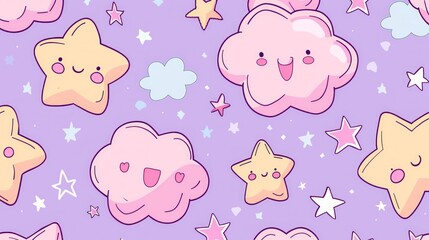 Obraz premium create a pretty pink and purple pastel kawaii whimsical seamless pattern using stars and clouds and use pink outlines for cartoon images. 