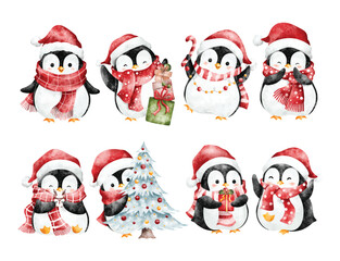 Watercolor Illustration Set of Christmas Penguins