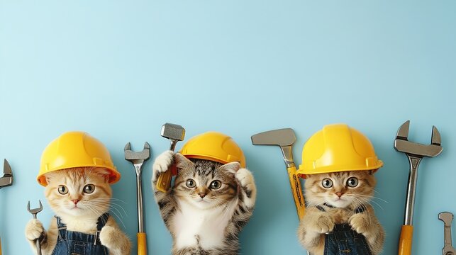 Full-length cats equipped with helmets and tools, each displaying a unique and playful design. The image features the cats in various poses, ready for action with their tools