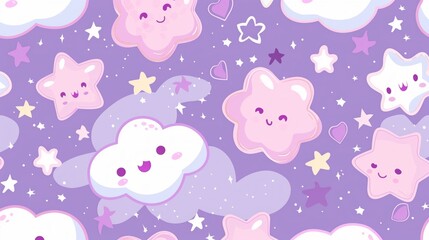 create a pretty pink and purple pastel kawaii whimsical seamless pattern using stars and clouds and use pink outlines for cartoon images.