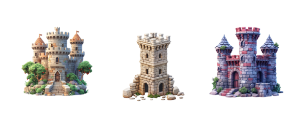 3D vector icon of Isometric castle  on a white background, with no shadows or gradients and a flat design, 2D illustration in the style of simple shapes and colorful vector graphics.