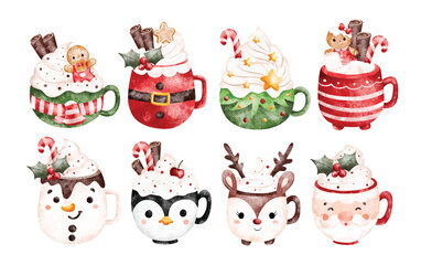 Watercolor Illustration Set of Christmas Drinks