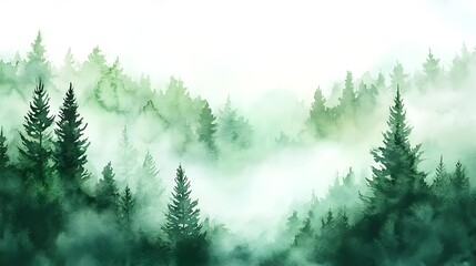 Watercolor green landscape of forest hill