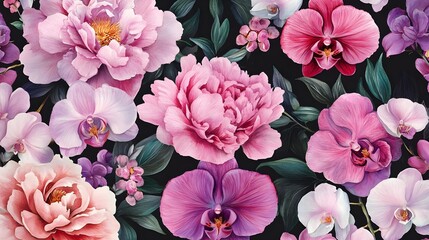 Fototapeta na wymiar Watercolor pattern with peony flowers and orchids