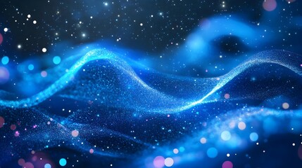 Fototapeta premium Blue wave particle technology background with curve