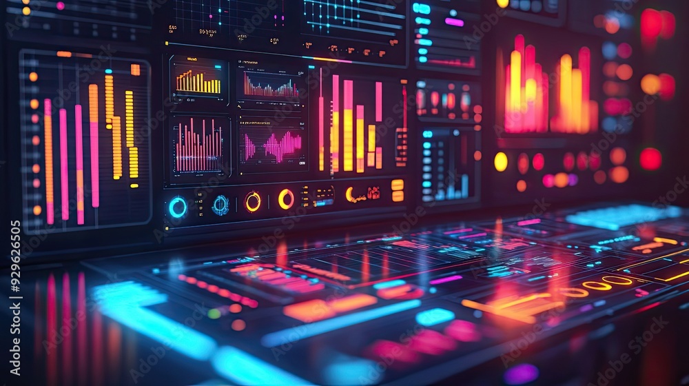 Poster futuristic digital interface with colorful data visualizations