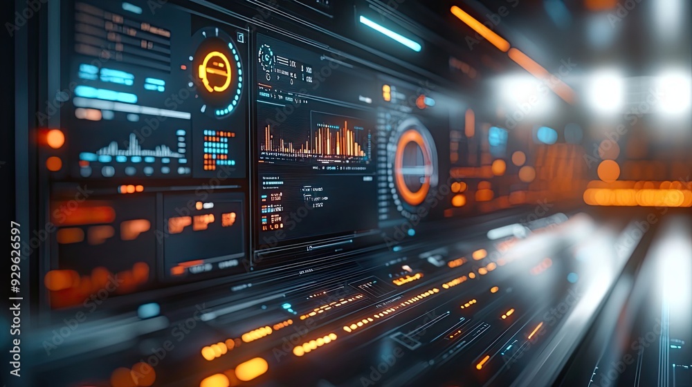 Poster futuristic interface with data visualizations and glowing elements