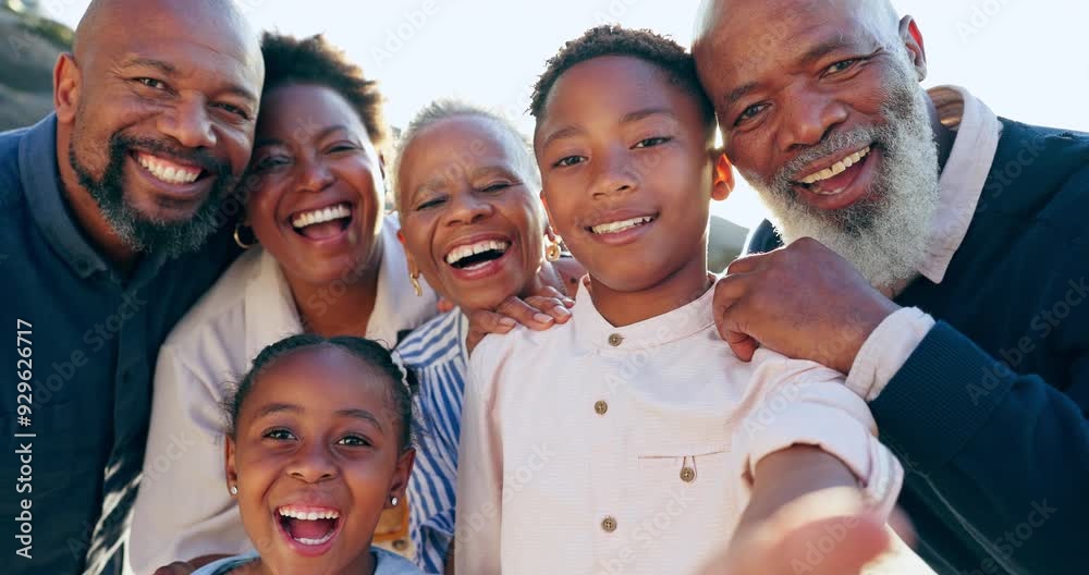 Canvas Prints Family, selfie and happy on face by beach, summer vacation and generations in memory together with love. Black people, portrait and smile for care, calm relax and peace wellness in bali on holiday