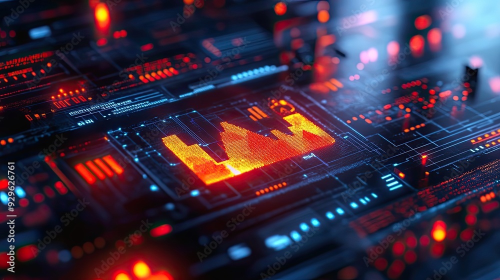 Poster digital interface with red and blue lights displaying a graph