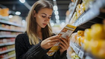 Woman reading ingredients on product label