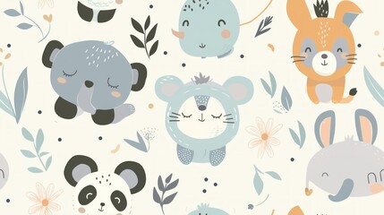 cute pattern of soft cartoon baby animals, used for a pattern on a babies hat