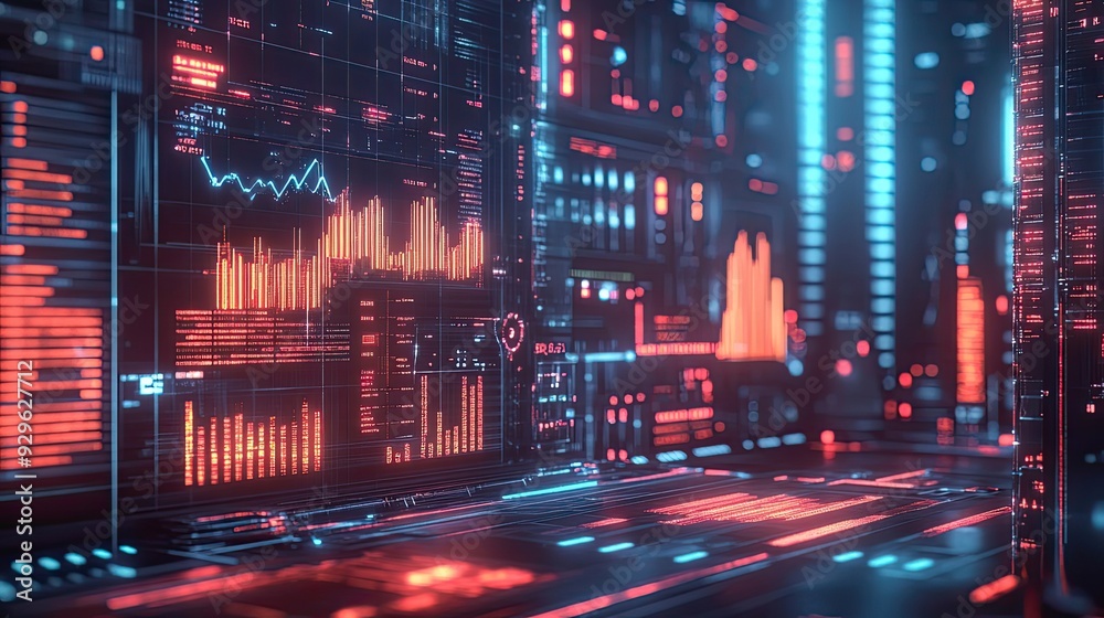 Poster abstract digital data visualization with glowing red and blue lines and graphs.