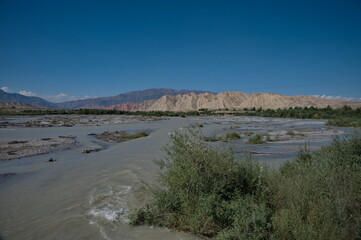 Scenic view of the river and mountains in Kyrgyzstan