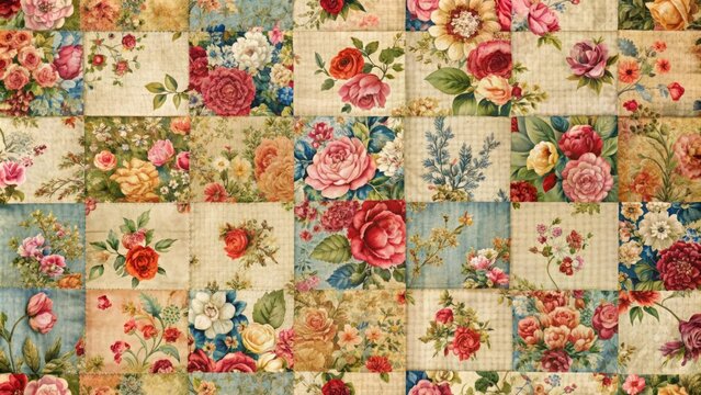 Vintage floral patchwork quilt with a rustic feel, featuring an array of colorful floral patterns seamlessly stitched together