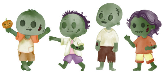 Watercolor painting halloween childish zombie