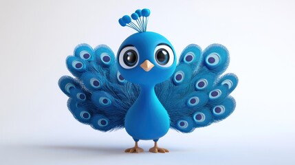 Cute Cartoon Peacock with Blue Feathers