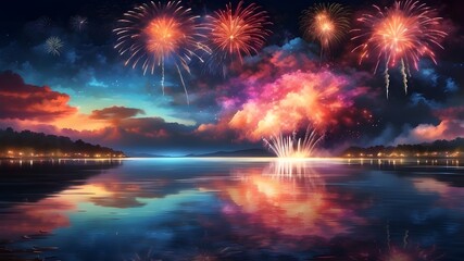  A grand fireworks display illuminating the night sky with vibrant colors, reflecting over a calm, serene body of water.