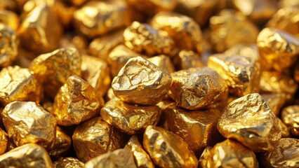 Obraz premium A close-up view of shiny golden nuggets piled together, representing wealth and treasure