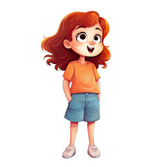 An illustration of a girl with red hair with her hands in her pockets