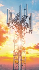 5G cell tower, towering against the sky, with antennas extended, bright natural light