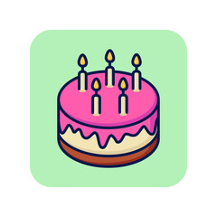 Round cake line icon. Birthday pie with candles on green background. Celebration concept. Vector illustration can be used for topics like greeting, birthday party, festival