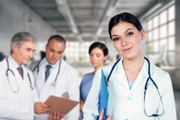 Fototapeta premium Happy doctor, nurse medical professional in hospital