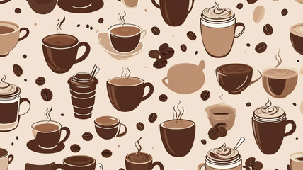 Seamless pattern with coffee cups, coffee beans, and whipped cream on beige background, minimalist coffee shop design
