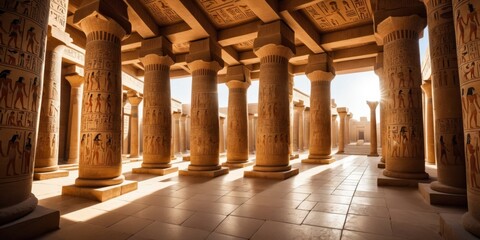 Serene Interior of Ancient Egyptian Temple With Carved Columns a