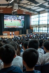 Obraz premium A school assembly featuring a sports highlight reel, with students watching footage of recent games and achievements