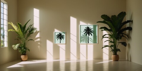 Tropical Plant Decor in Beige Room with Wall Frame and Palm Tree