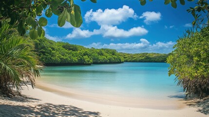 A serene beach scene with clear water, sandy shore, and lush greenery under a blue sky.