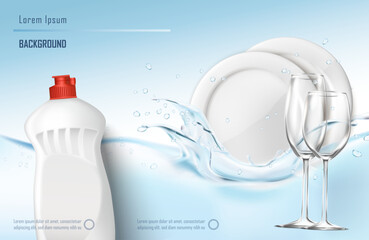 3d realistic vector illustration. Washing dishes banner. Clean white plates with glasses and washing liquid bottle on the water splash background. 