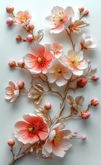 3d wallpaper beautiful flowers golden branches and leaves, pink red yellow color
