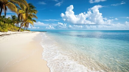 Obraz premium A serene beach scene with clear water, soft sand, and palm trees under a bright sky.