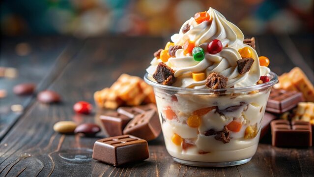 Close up of a creamy and delicious McFlurry dessert with candy chunks mixed in, fast food dessert, ice cream treat indulgence