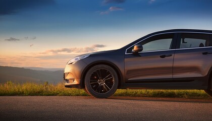 Naklejka premium Side profile of a car on the road with sunset
