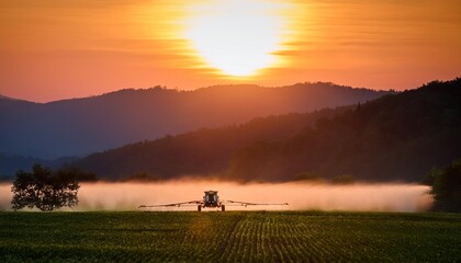 Crop dusting in the early morning for a farm with the sun rising in the background above the mountains; farmer and farming