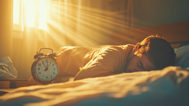 Oversleep or sleep in concept image with a young man still in bed while sun his shining because he lie-in