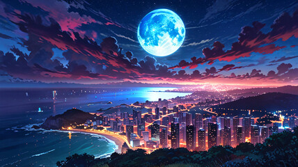 Obraz premium Lunar Brilliance Over Cityscape, anime nature background wallpaper