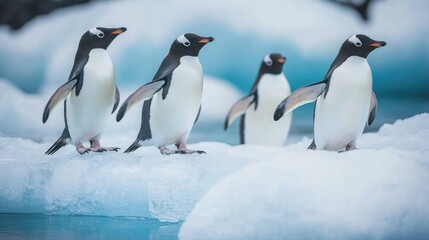 Obraz premium Penguins waddling along an icy shoreline, representing marine life in cold-water habitats.