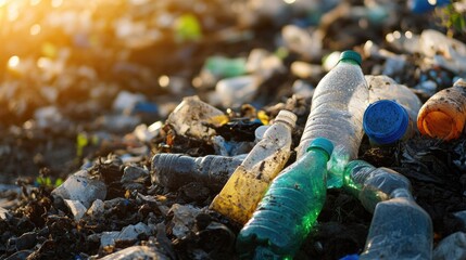 Obraz premium Pile of plastic waste and bottles in a landfill, highlighting the environmental impact of pollution.