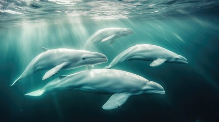 Naklejka premium Pods of beluga whales swimming in arctic waters, displaying their social and vocal nature.