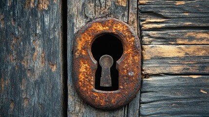 Rusty keyhole on a worn wooden surface, evoking a sense of mystery and antiquity.