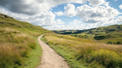 Fototapeta premium View of a deserted pathway through a picturesque nature reserve, with rolling hills.