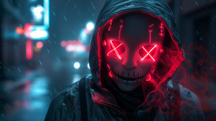 Naklejka premium A creepy man with neon eyes walks through the darkness