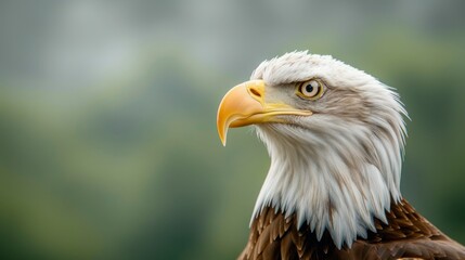 Fototapeta premium Majestic Bald Eagle in Profile, Sharp Gaze and Detailed Plumage Against Soft Green Background