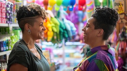 Fototapeta premium LGBTQ small business owner helping a customer find products, friendly and inclusive service, well-organized store, bright and welcoming environment, positive interaction