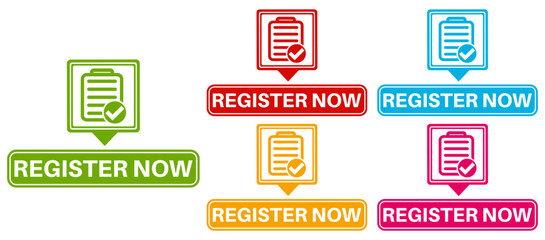 set register now sticker sign set. registered account badge, stamp, tag, template, label symbol template vector illustration	