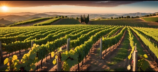 Fototapeta premium Vineyard at Sunset: Beautiful Contrast of Warm Orange and Yellow