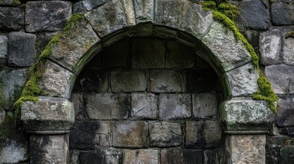 Weathered stone archway with moss and cracks, creating a historic and charming feel.